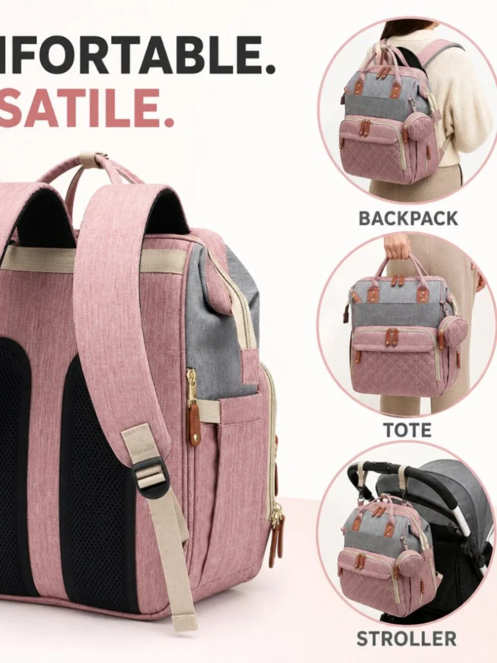 Pink Gray Diaper Bag Backpack Large Capacity Insulated Bottle Pockets